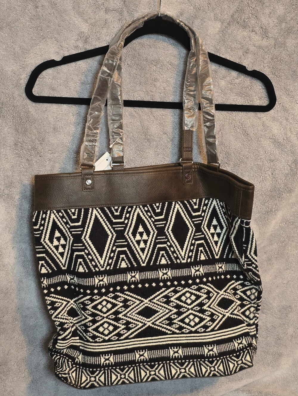 Black & Cream Geometric Tote Bag with Brown Trim